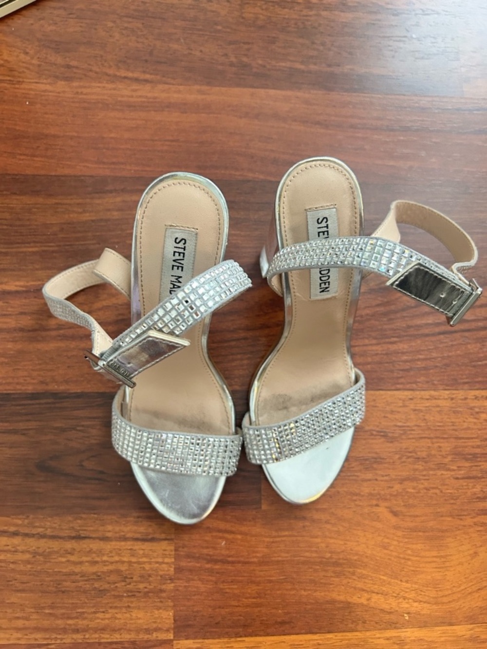 Steve Madden Silver Rhinestone Strap Open-Toe Heels